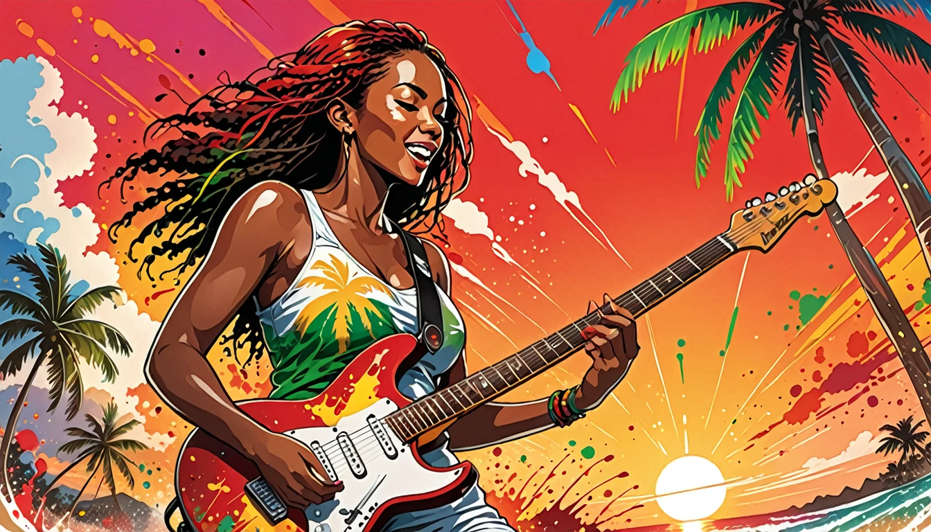 Vector art, Lots of Jamaican Reggae, Authentic Jamaican reggae music atmosphere，Color illustrations, in the center, Vibrant colors, Paint splatters and stains, High detail, 
bright red sunset,Palm tree,beach,Woman Playing Guitar