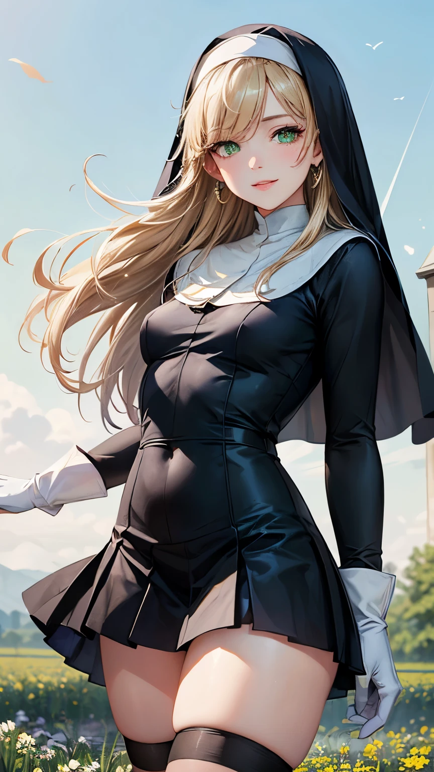 1 girl,Blonde long hair,((Hide one eye)),((Clear green eyes)),((Nun in religious garb)),((4K,8k,CG Unity,Masterpiece,masterpiece,Best Quality:1.5)),Official image,Perfectly correct anatomy,((Realistic:1.2)),Bust Up,((Staring at the camera with a gentle smile )),(( sexy pose)),A pose that attracts men,Perfect beautiful girl,Beautiful woman,Supermodel, Beautiful Detailed Skin Texture ,Beautiful Lips,Very detailed acrylic painting,Very beautiful and smooth hair, Pro Lighting,Perfectly correct hand shape, Black Pleated Micro Mini Skirt,Black thigh-high stockings,Black pumps,White gloves,Small sparkling earrings,blue sky, church and flower field background,Very strong wind