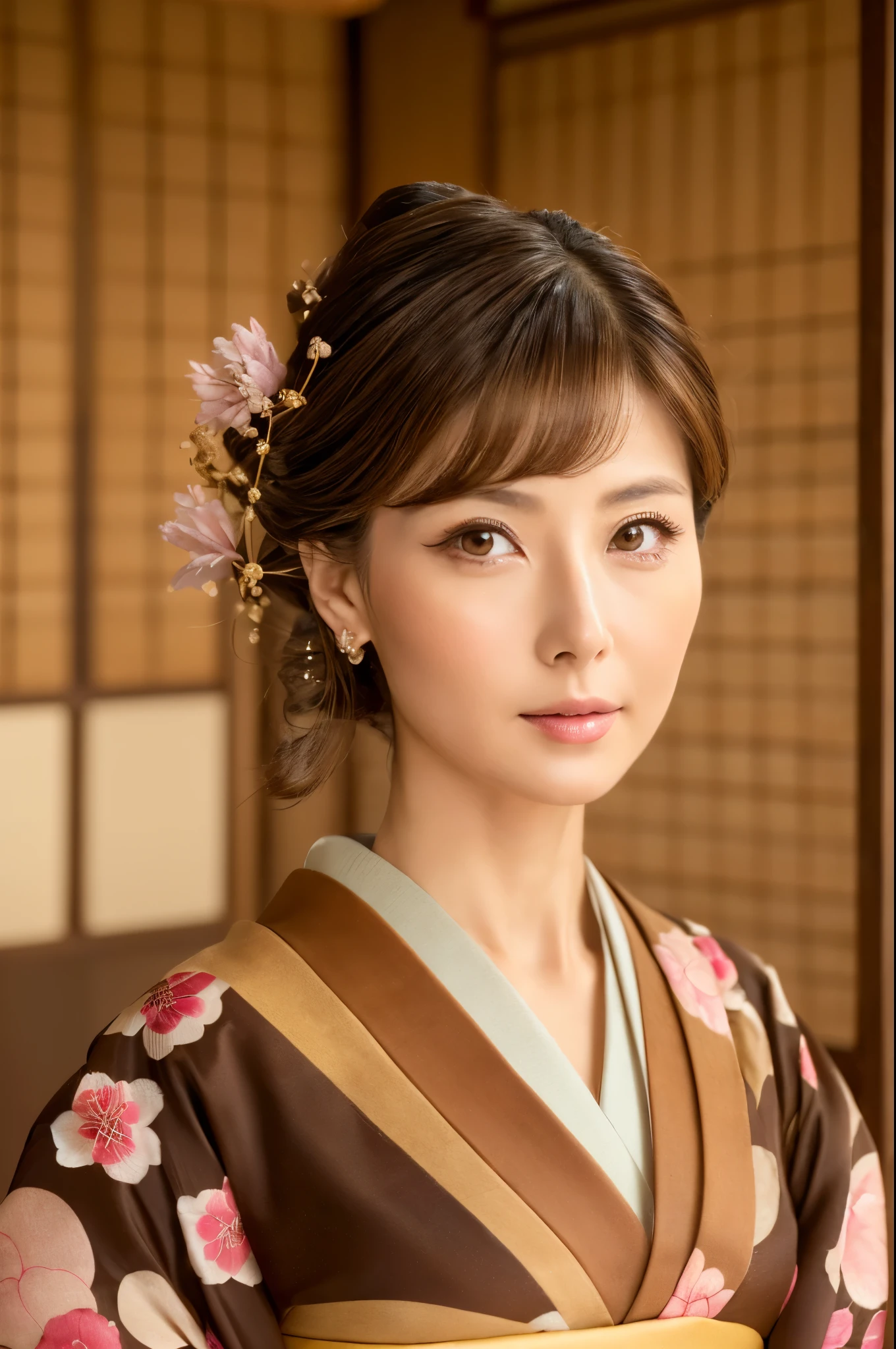 (a beauty lady, delicate lady:1.3), (50 years old), (Japanese traditional kimono, brown color:1.3), very fine eye definition, (symmetrical eyes:1.3), (Japanese traditional room), small breasts, brown eyes, parted bangs, brown hair, (eyes and faces with detailed:1.0), (masterpiece, best quality, ultra detailed, detailed face, 8k)