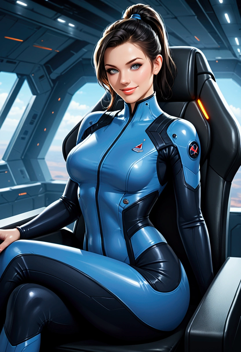 laracroft2, brown eyes, brown hair, ponytail, zerosuit, gloves, looking at viewer, serious, smiling, blush, sitting, legs crossed, inside spaceship, neon lighting, high quality, masterpiece, <lora:laracroft:.7> <lora:zerosuit-nvwls-v1:.8>