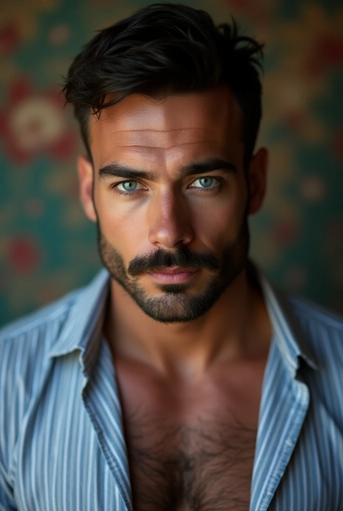 Spectacular torso of a handsome French man , Beautiful face, Mustache super hairy body , captivating eyes HD wallpaper close up, 29 years old, muscular and sexy with blue-violet eyes ,, beautiful wallpaper background , , short hair , with blue striped shirt