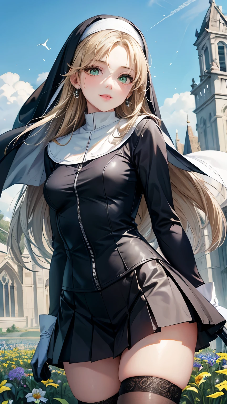  1 girl，Blonde long hair，((Hide one eye))，((Clear green eyes))，((Nun in religious garb))，((4K，8k，CG Unity，Masterpiece，masterpiece，Best Quality:1.5))，Official image，Perfectly correct anatomy，((Realistic:1.2))，Bust Up，((Staring at the camera with a gentle smile ))，(( sexy pose))，A pose that attracts men，Perfect beautiful girl，Beautiful woman，Supermodel， Beautiful Detailed Skin Texture ，Beautiful Lips，Very detailed acrylic painting，Very beautiful and smooth hair， Pro Lighting，Perfectly correct hand shape， Black Pleated Micro Mini Skirt，Black thigh-high stockings，Black pumps，White gloves，Small sparkling earrings，blue sky, church and flower field background，Very strong wind