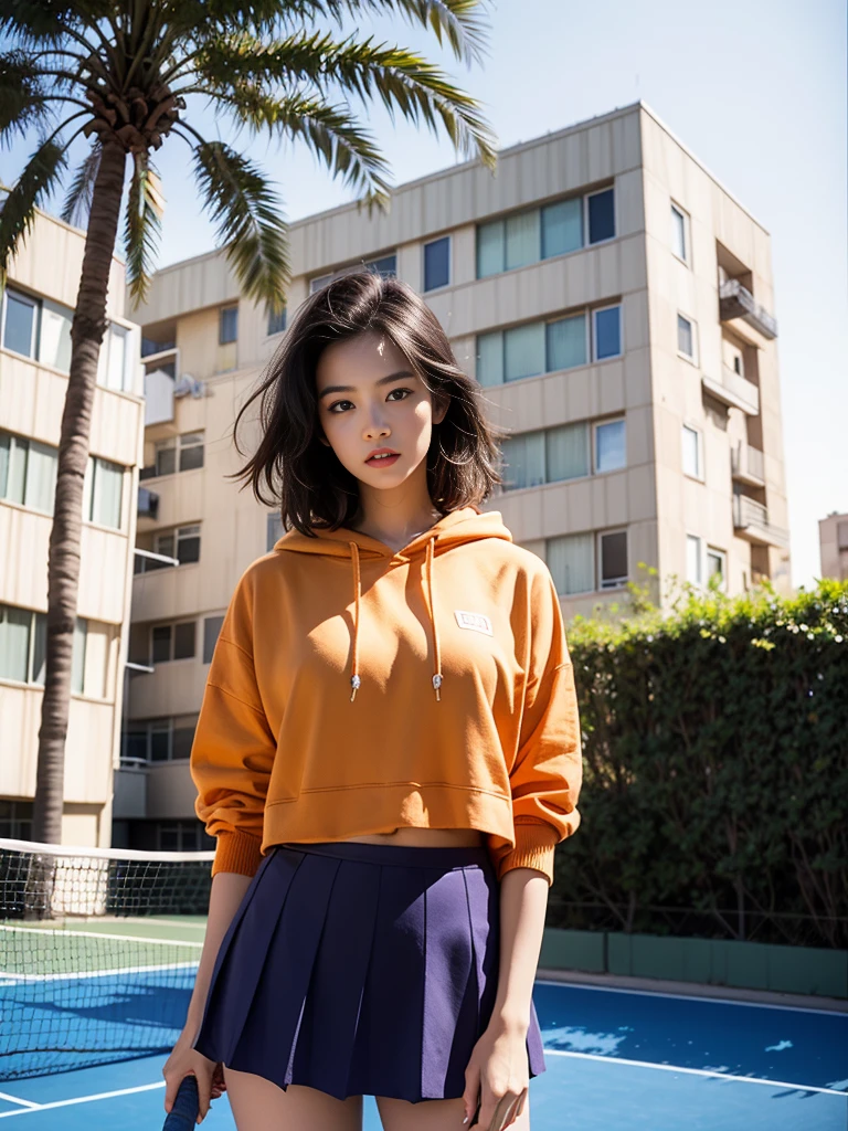 long shot portrait of cute 23 yo girl, (natural big breast) ,wear ((orange color oversized hoodie)), wear ((purple tennis skirt)),looking front,Best Quality,Masterpiece,Ultra High Resolution,(Realisticity:1.4),Original Photo, 1Girl, light leak,ultra high resolution,UHD,beautiful, (black bob hair), almond eye, no makeup, in front of (80's mondrian architecture motel), (realistic:1.2), (surreal:1.3), (very detailed:1.1), ((masterpiece)),summer, blue sky, palm trees,sunny, los angles vibes,film camera, 800mm lens,style of Philip Lorca diCorcia