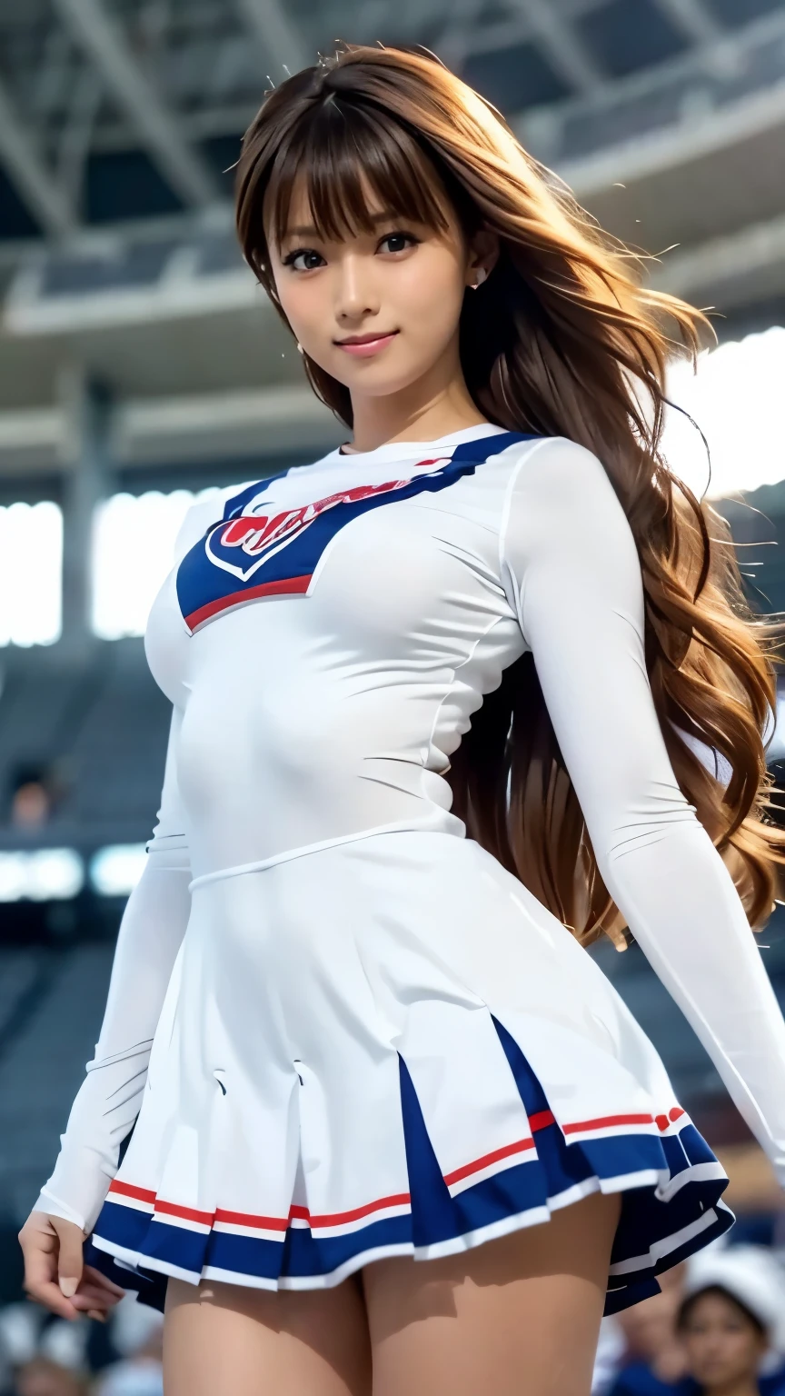 stadium, blue sky, (Photoreal:1.4, 8K), highest quality, masterpiece, ultra high resolution, perfect dynamic composition, big face, round face, (light brown hair:1.6, long hair, bangs, curly hair, ponytail), Highly detailed skin and facial textures:1.3, tanned skin:1.6, slender, perfect proportions, Medium chest:1.3, ((under boob:1.25)), Glossy legs, Detail of limbs, Cute and sexy 22 year old cheerleader, (completely enchants you:0.9), (cheerleader white costume:1.4), (gal makeup, eyeliner, mascara, distant eyes, Eyes that feel beautiful eros:0.85), sexy face:0.8, (closed mouth, small mouth, thick lips, A taste of beautiful eroticism:0.85), (Too cute beauty:0.9), stadium, Lots of spectators, Lots of spectators, Wind, Movie lighting from the front, (Taken from below the front:1.5), (Look down:1.5), (extreme close up:1.3), (walk:1.3), smile:0.7, wet:1.4