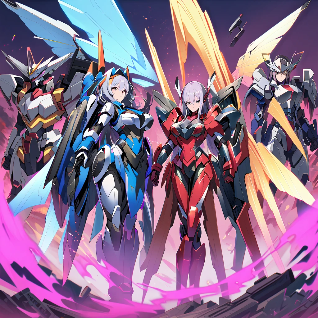 Anime, high detailed, multiple womans, mature womans, mecha armor, large mechanical wings, large Gauntlet, serious, curvy body, long mechanical wings, mecha weapons、Colored armors、magenta Colored aura、BLUE Eyes, elongated pupils,  Mature Woman、magenta aura、womans surrounding, background the sideral space 