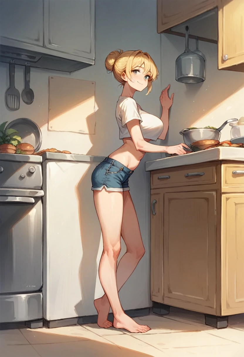 standing woman, cute face, in front, nude, pussy, perfect body, short blonde hair, kitchen, be familiar with
