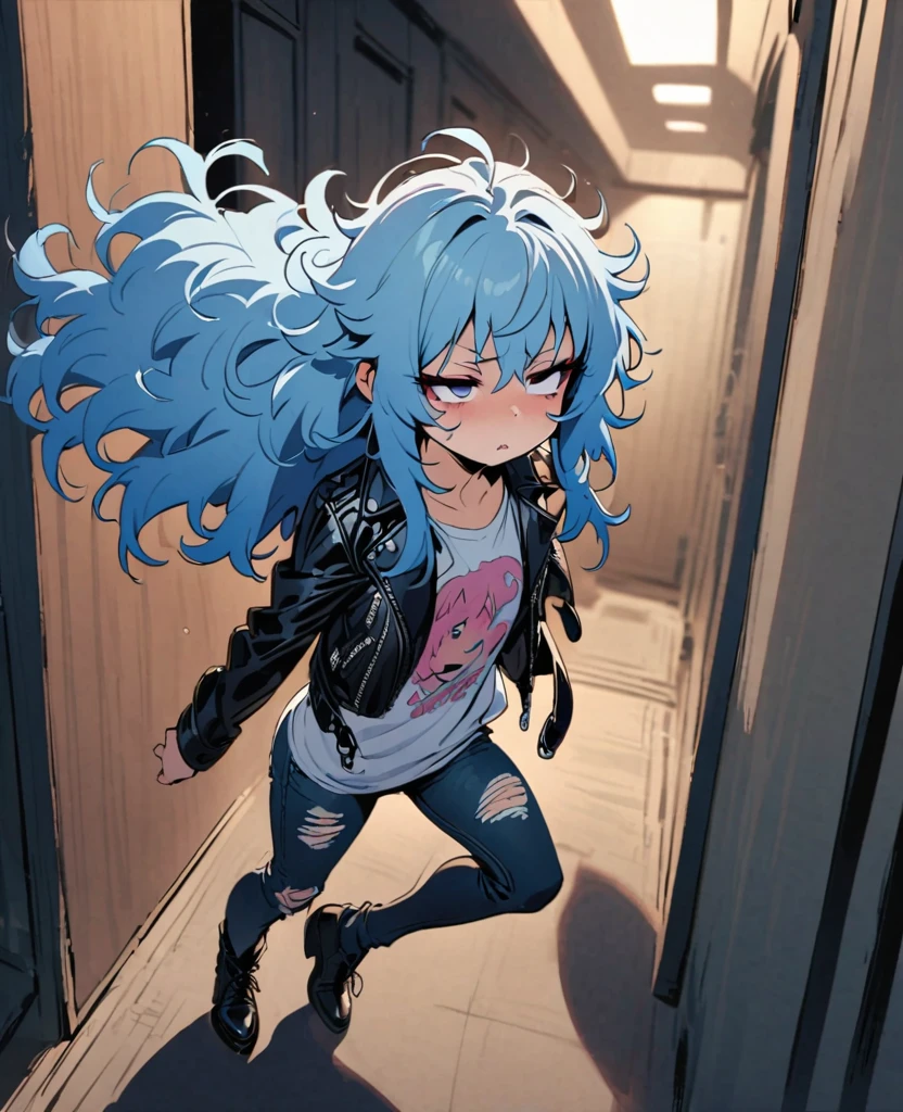 Femboy,Petite and small,Flat chest,Slanted Eyes, Belly Long Hair ,Messy Hair, Light Blue Hair Color ,dark pink tip ,Sulky face, heavy makeup, vintage t-shirt ,Leather jacket, Ripped Black Denim Jeans,pantyhose, Dark Apartment Hallway 