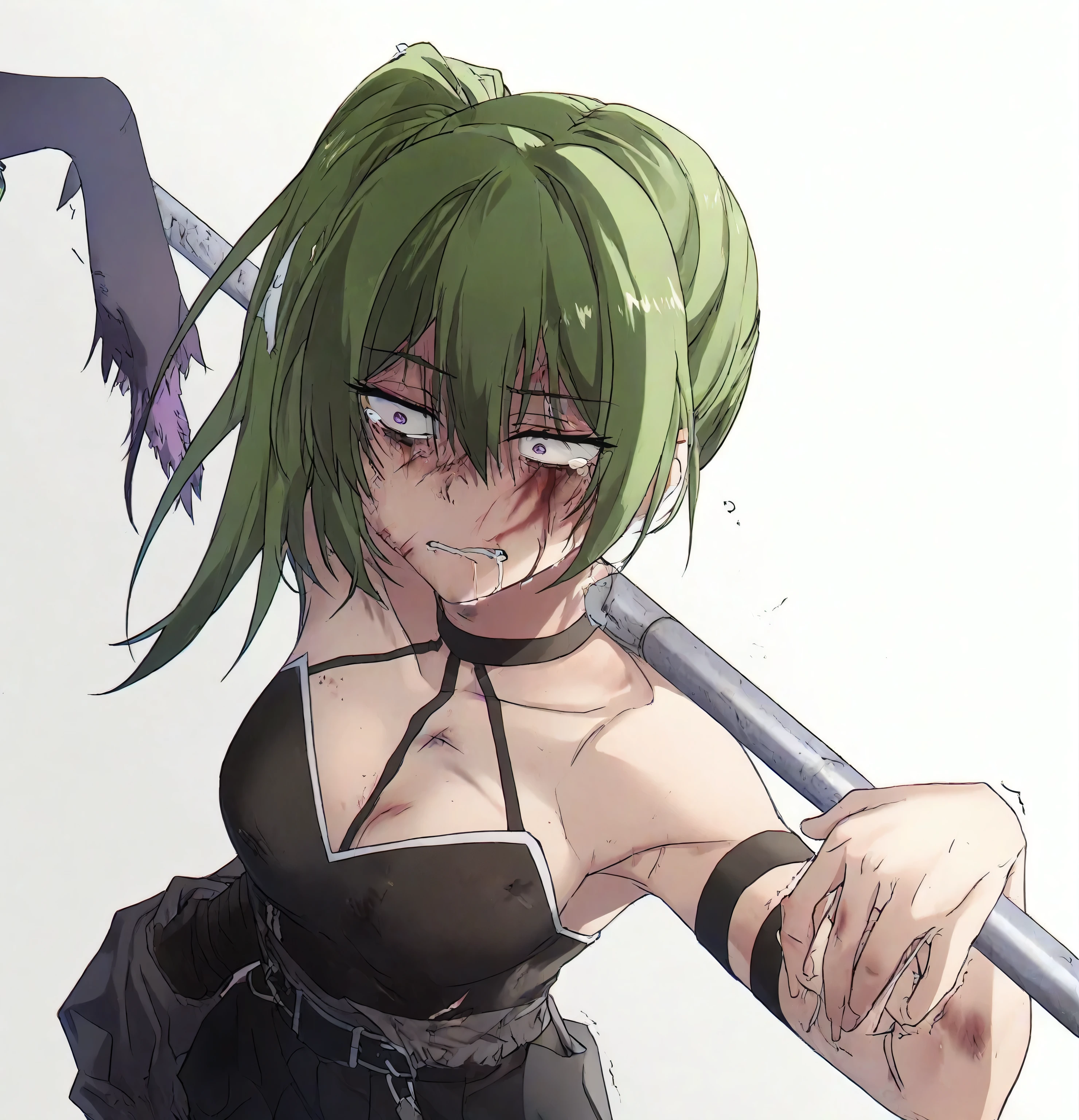 ubel,1girl,green hair, bangs,hair between eyes,side ponytail, purple eyes, ,naked,throat,cry,tears,wounded, bleeding, crying, tears, bruises, exhausted, lifeless, injured, hurt, battered, scarred, faint, pale, cut, bruised, swollen, suffering, pained, weak, aching, sore, broken, limping, unconscious, feverish, distressed, dizzy, nauseated, bandaged, fractured, incapacitated, agonized, trembling, fatigued, cold, shivering, infected, blistered, gasping, trembling, unconscious, crippled, shocked, gory, mangled, disabled, unconscious, paralyzed, maimed, disoriented, breathless, immobile, feverish, clammy, bloodstained, unconscious, traumatized, poisoned, stabbed, beaten, burnt, hypothermic, suffocating, dismembered, incapacitated, decayed, decaying, vulnerable, fainting, septic, hemorrhaging, scarred, scraped, coughing, groaning, aching, incapacitated, struggling, delirious, desperate.
