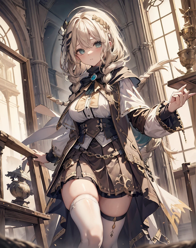 masterpiece,  1 girl, Sparrow, blonde girl,  wears white medieval priest clothes , Curly long hair, Messy Hair, Slender body,  wears a golden cape and hood ,  he closes her left eye , Use、Decoration on shirt, Aqua Eye, Show her back, Ahoge, black vest, , Large Breasts, Beautiful breasts, Rounded breasts, Braids, Mithra cap, Long sleeve,  beautiful eyes,  white stockings, Droopy eyes, mini skirt, Brown Skirt, Checkered skirt,  she pees on the bed,  she's 19 years old , Mithra, black Mithra