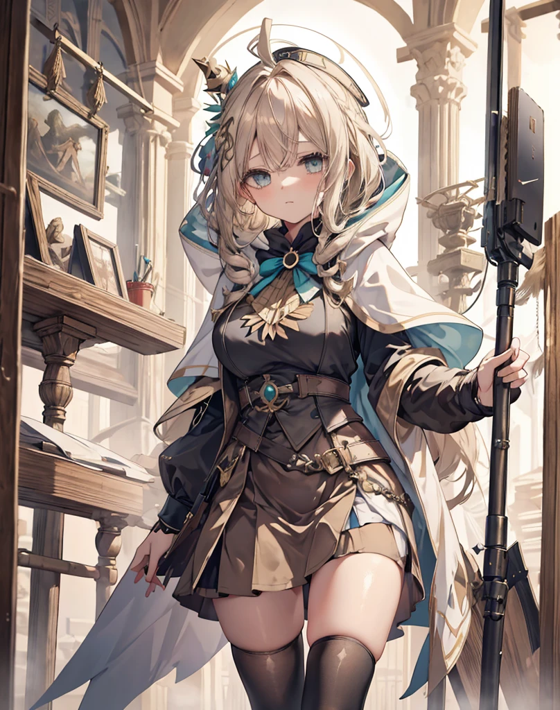 masterpiece,  1 girl, Sparrow, blonde girl,  wears white medieval priest clothes , Curly long hair, Messy Hair, Slender body,  wears a golden cape and hood ,  he closes her left eye , Use、Decoration on shirt, Aqua Eye, Show her back, Ahoge, black vest, baby face, Large Breasts, Beautiful breasts, Rounded breasts, Braids, Mithra cap, Long sleeve,  beautiful eyes,  white stockings, Droopy eyes, mini skirt, Brown Skirt, Checkered skirt,  she pees on the bed,  she's 19 years old , Mithra, black Mithra