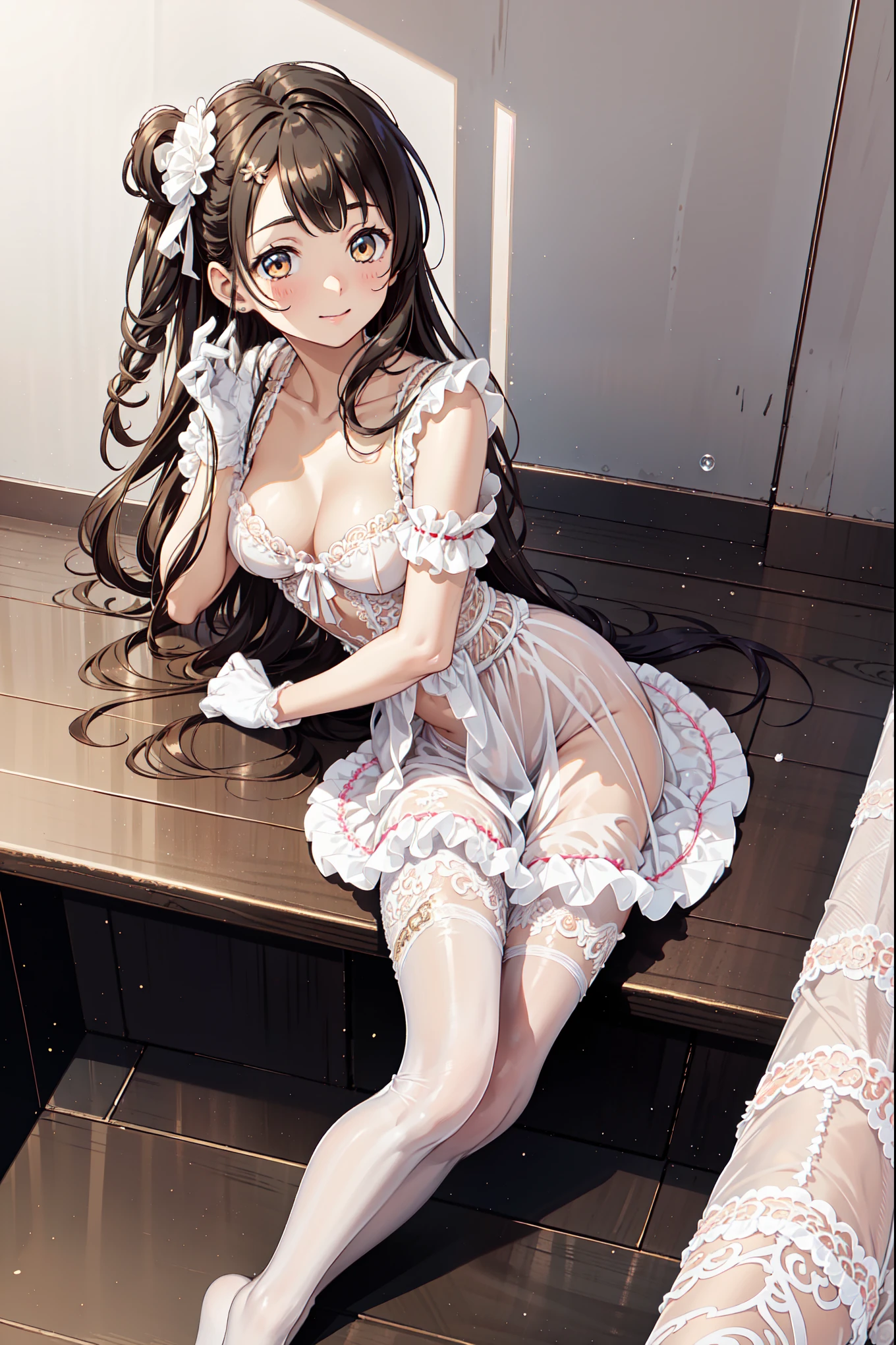 Teen Girls，，have fun，in love，(Girl in white modern shirt and robe，Wearing pantyhose:1.2)，(Black Ruffle Bow Gloves)，Lace，Wrinkles，Bubble Skirt，Lovely decoration，Brown hair，Golden Eyes，White hair sacred headdress，透明Lace，Exquisite clothing，Alone，Mysterious room，(night:1.1)， Delicate and Beautiful Face ，Special hairstyle,Slightly curly hair，Reasonable human body