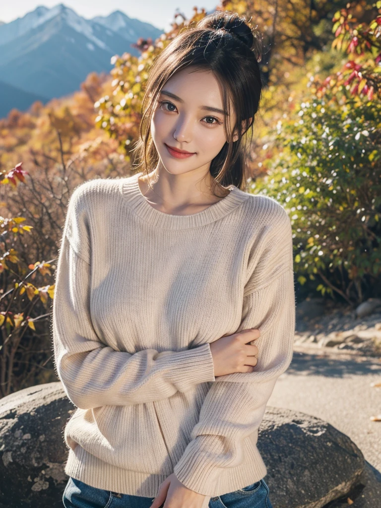 (A beautiful Japanese girl), (Small breasts:1.5,),(solo, textured skin, Detailed skin,Detailed face,Detailed eyes,Detailed posing,Natural eyebrows,Perfect limbs, high detail, Best Quality, Super detailed, Surrealism, ,8k,RAW Photos,Photographicism, Pro Lighting, portrait photo),((Black Hair, Dark Eyes, natural makeup , Simple earrings, Seductive Smile, heart-shaped summary chignon)), (((Autumn leaves in the mountains,hiking,sweater,Composition from the waist up)))