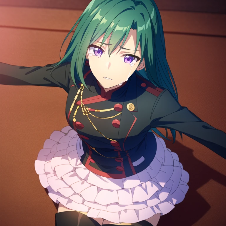 (hyper extreme detailed), (masterpiece), (hyper extreme), (photorealistic), CG, (colour:1.2), solo, cowboy shot, looking at viewer, 1girl, lenalee lee, (sobbing, tears:1.2), bangs, hair between eyes, (purple eyes:1.1), green hair, skirt, thighhighs, long sleeves, jacket, pleated skirt, boots, miniskirt, zettai ryouiki, black jacket, pink skirt, layered skirt, military jacket, (lying, bed, on stomach:1.1), dark bedroom