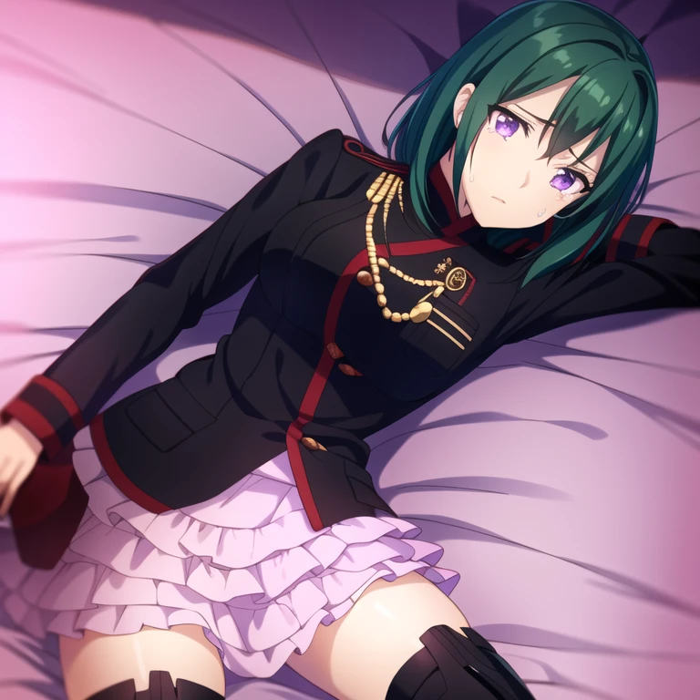 (hyper extreme detailed), (masterpiece), (hyper extreme), (photorealistic), CG, (colour:1.2), solo, cowboy shot, looking at viewer, 1girl, lenalee lee, (sobbing, tears:1.2), bangs, hair between eyes, (purple eyes:1.1), green hair, skirt, thighhighs, long sleeves, jacket, pleated skirt, boots, miniskirt, zettai ryouiki, black jacket, pink skirt, layered skirt, military jacket, (lying, bed, on stomach:1.1), (dark bedroom:1.1)