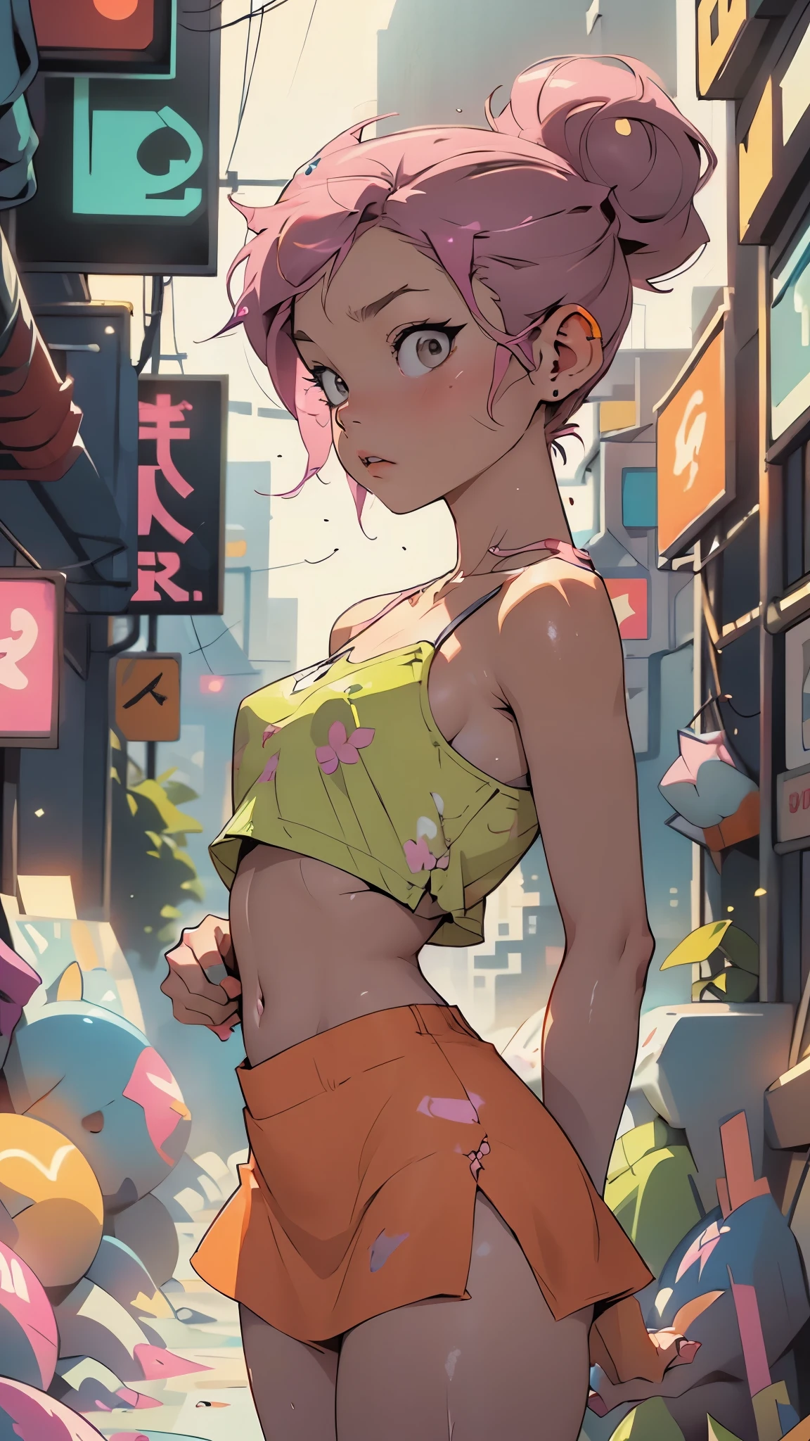 (female): solo, (perfect face), (detailed outfit), (20 years old), lovely female, (baseball cap), happy, (smiling), (dancing), light purple hair, medium hair, (one side up hair), blue eyes, light skin, large chest_circumference, (pink tube top), (white skirt, white thighhighs), (large ribbon), (pendant), (choker)

(background): from front, outdoor, amusement park, (rides), (crowd), (ferris wheel), (afternoon), (sunny)

(effects): (masterpiece), (best quality), (sharp focus), (depth of field), (high res),(nsfw:0.55), ((flat chested, flat stomach, baby face)), (intense colors)