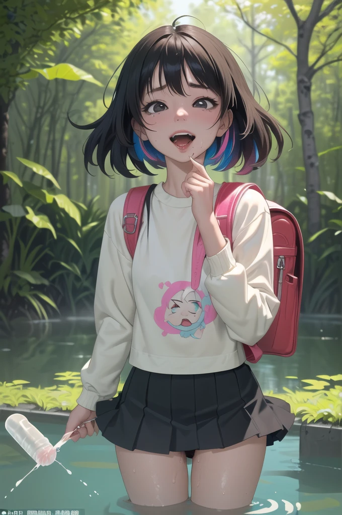 (Best Quality, masterpiece), One Girl, Long sleeve, cap, Flip up a miniskirt、NOVANTY , Dense forest, Carrying a backpack, sun, tired, Standing, high res,(colorful:1.4), browse viewers,Swollen eyes,((Kime Sex、Drug Enthusiast、Junkie、Ecstasy Face、 Joy of Drowning in Ecstasy 、A face distorted with pleasure、The face of overdose))(((Be incontinent))), (((Pee))), (((Pee on your own))), (Peeが足に流れ落ちる)、 Lovingly Lick Anal Dildos、 Piercing Anal Dildos Into Analars 、 Super Long Anal Dildos 