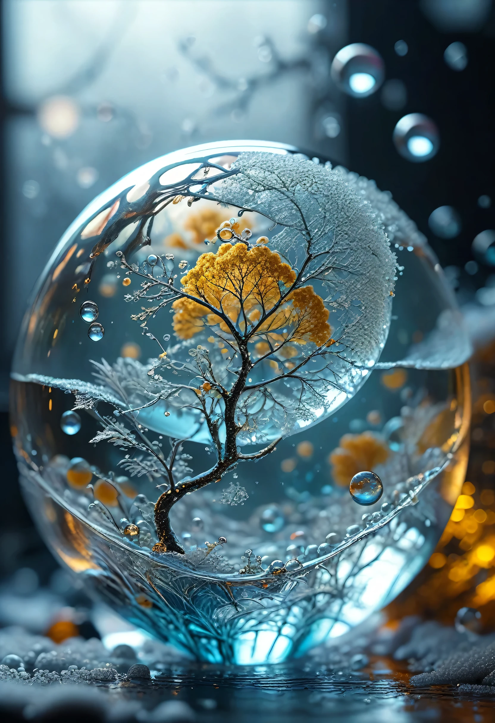 masterpiece, best quality, 8k, professional , by famous artist , trending on artstation, intricated details, detailed, realsitic, boekh , photorealistic, dark shadows, natural light, dramatic, source realistic, Frozen Bubbles: Capture the intricate patterns and shapes of soap bubbles frozen in time, showcasing the delicate and ephemeral nature of these ethereal structures.