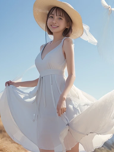 ((best quality, 8 thousand, masterpiece:1.3)), Concentrate upon: 1.2, bee waist, perfect body beauty: 1.4, ((layered haircut:1.2)), (raceway), Highly detailed face and skin texture, White skin, whole body, Looking at it, the gap is big., big bust, volume, laugh, pretty teeth, sweet, blue sky, blue sky, Crush clouds, translucent dress, wearing a wet white short dress, wearing a white dress, trendy white clothes, multi-layered outfit, wearing a cute white dress