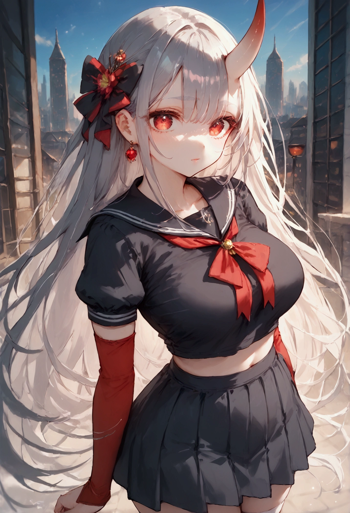 Score_9, Score_8_up, Score_7_up, sauce_Anime, (masterpiece), Best Quality, Expressive eyes, Perfect Eyes,  perfect face, Demon Girl, Oni Horns, Red eyes, Soft lips,  Long Hair, very Long Hair, Wide Hips, (Gray Hair:1.2), (White eyebrows:1), (White eyelashes:1), medium breasts:0.5, Higuchi Madoka, Big Breasts:0.3, standing, background: city,  hair accessory, Sailor collar, Red tie, Black Shirt,  Black Skirt, Removable sleeves, abdomen, Red and white rope,  White Thigh High , 