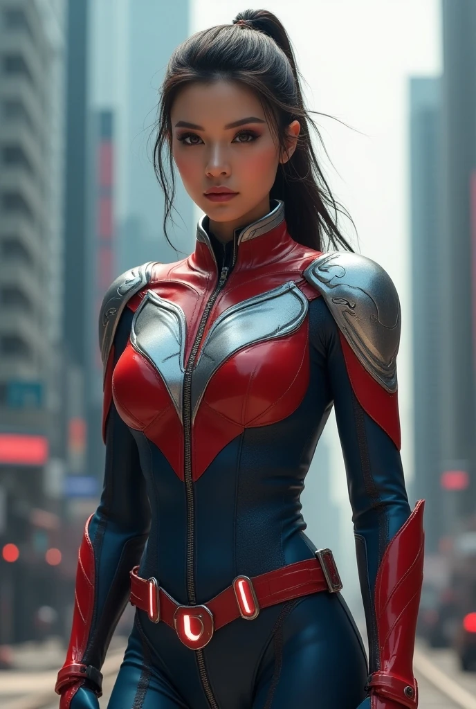Supergirl's body defined thick thighs and cybernetic body parts, short underwear, (((morena com olhos verdes))), Superman S symbol on the chest, ((cabelo comprido)), 1 girl