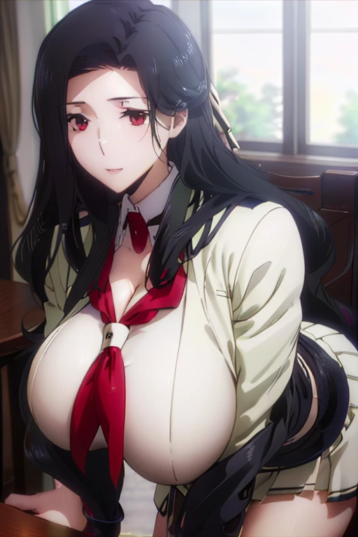 (8K, Highest quality, Tabletop:1.4), (Intricate details:1.3), (Realistic), (Very detailed), One Girl, alone, （Married women、40s）、Beautiful woman、Mature Woman, Front view, (Leaning forward:1.2), Showing cleavage, Show Viewer, Tropical Resort, Detailed long hair, (Fluffy long black hair), fine grain,, Hourglass-shaped body shape, (Sensual curvaceous body:1.1), (Huge breasts), Thick thighs, Wide Hips, Tight waist、( uniform)，(Sexy Sailor Suit )，(Pleated mini skirt)、Realistic lighting, Natural soft light, Dynamic Lighting