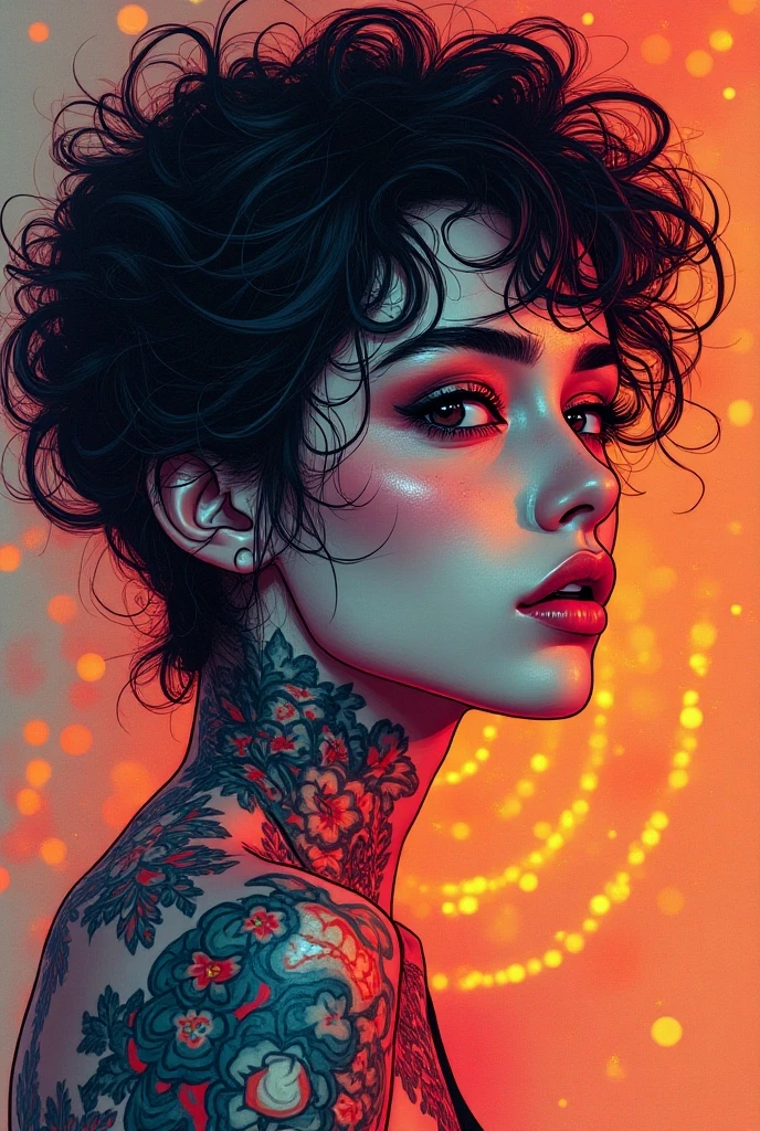 An image of a woman with shoulder length curly black hair with flower tattoos on her shoulder, tall and slim, sad, 35 years old, thinking about an impossible love missing it, with piercing in the nose and mouth, and a tattoo bracelet on the left wrist with a black background with warm pink lights . A small dinosaur tattoo.