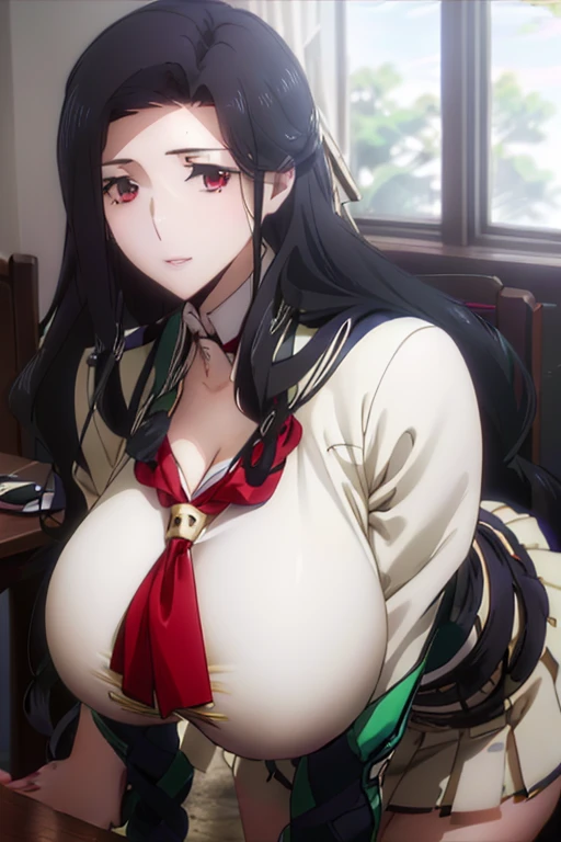 (8K, Highest quality, Tabletop:1.4), (Intricate details:1.3), (Realistic), (Very detailed), One Girl, alone, （Married women、40s）、Beautiful woman、Mature Woman, Front view, (Leaning forward:1.2), Showing cleavage, Show Viewer, Tropical Resort, Detailed long hair, (Fluffy long black hair), fine grain,, Hourglass-shaped body shape, (Sensual curvaceous body:1.1), (Huge breasts), Thick thighs, Wide Hips, Tight waist、( uniform)，(Sexy Sailor Suit )，(Pleated mini skirt)、Realistic lighting, Natural soft light, Dynamic Lighting ,free pose,sexy pose