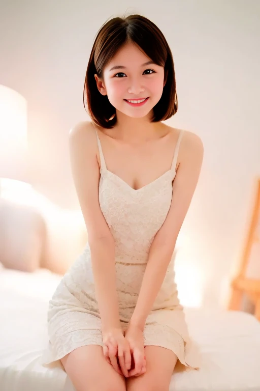 Masterpiece, High Quality, High Resolution, (Super Detail) ), (Wallpaper), ((Face) Detail),masterpiece, One woman per photo, Full Body Shot,Sit on the bed、Put your legs forward、Knee Up、Composition where the subject is seen from the front, Young and beautiful woman in Japan, Smiling super cute face, short hair, Wearing a sleeveless white silk satin chemise with white lace,White panties are visible、 Small breasts、skinny、Glossy Lips, Attractive person, Silk Bed、Silk pillow, Silk Bedシーツ, Double eyelids on both eyes, Natural Makeup, Long eyelashes, Shiny and smooth light brown hair, Asymmetrical bangs, Fair skin, Center image, 8K resolution, High detail, Detailed hairstyle, Detailed face, Spectacular movie lighting, Vibrant, Ultra-realistic, Perfect limbs, Perfect Anatomy,Beautiful teeth alignment