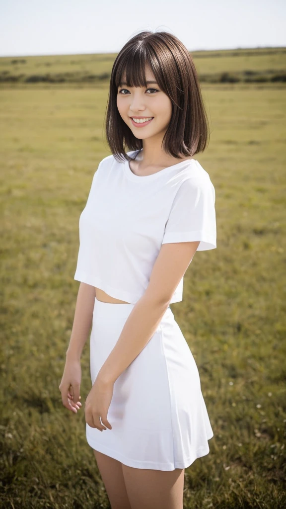 (actual, high resolution:1.3), 1 A 45-year-old Japanese woman with a perfect figure, The face shape and eyes are super delicate, short hair, White T-shirt: 1.Two random colors, short skirt, seaside, Big breasts are very firm,long legs,High heel,Full body image