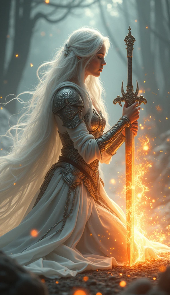 "Create a highly detailed fantasy scene of a warrior woman with long ...