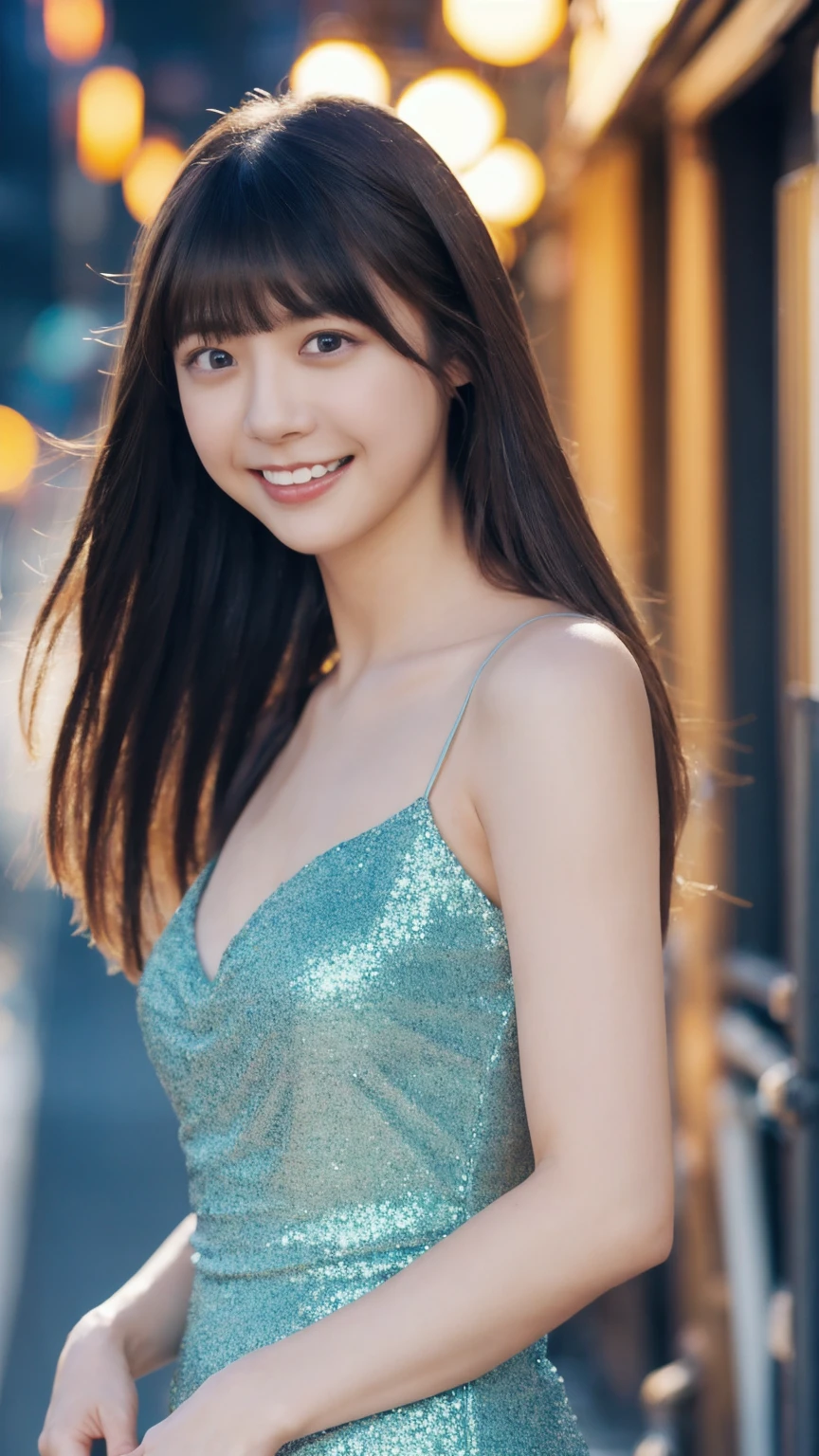 1girl,(wearing a blue glittery evening dress:1.2),(RAW photo, best quality), (realistic, photo-realistic:1.4), masterpiece, an extremely delicate and beautiful, extremely detailed, 2k wallpaper, Amazing, finely detail, extremely detailed CG unity 8k wallpaper, ultra-detailed, highres, soft light, beautiful detailed girl, extremely detailed eyes and face, beautiful detailed nose, beautiful detailed eyes,cinematic lighting,city lights at night,perfect anatomy,slender body,light smile,close up,(long hair with bangs)