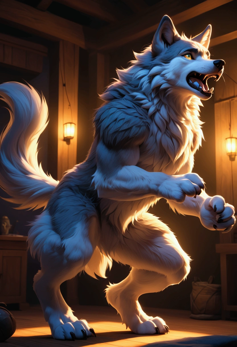 Beautiful and detailed portrait of a male anthro death wolf character from puss in boots grabing his own balls close up, kenket, by Ross Tran,Ruan Jia, Uploaded to e621, High resolution, Photorealism, cenematic lighting, solo, explicit artwork, larger tail, seductive, anthro, 4 toes on each paw, black pawpads, dog anatomy, belly tuft , standing,knot anatomy, front view, big pecs, muscular, pec tuft, rude male