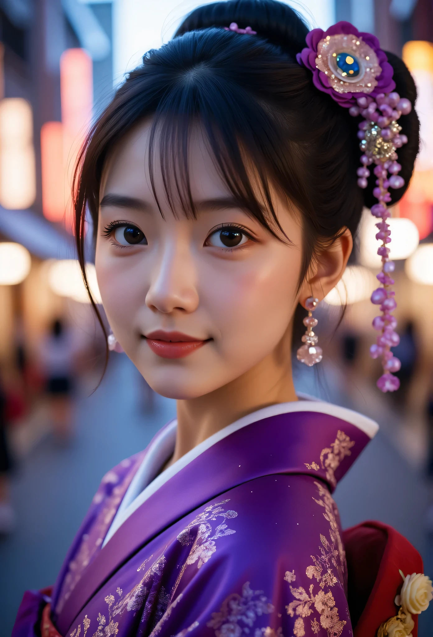 (Very beautiful  cute girl), (very  cute face:1.2),, (sparking crystal clear attractive large eyes), beautiful detailed eyes, Detailed double eyelids, (smiling), (realistic photograph:1.2),gorgeous shiny purple -colored apprentice geisha costume, furisode  costume,very beautiful japanese kimono, Costume lighting,in the street