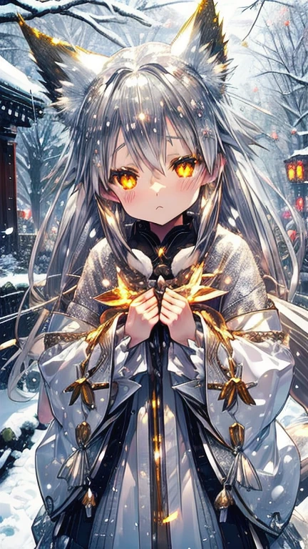 A dreamlike world、Pale Light、(Glowing golden eyes) 、、((((Silver Fox Girl))))、background、 Snow in Kamakura Nakano