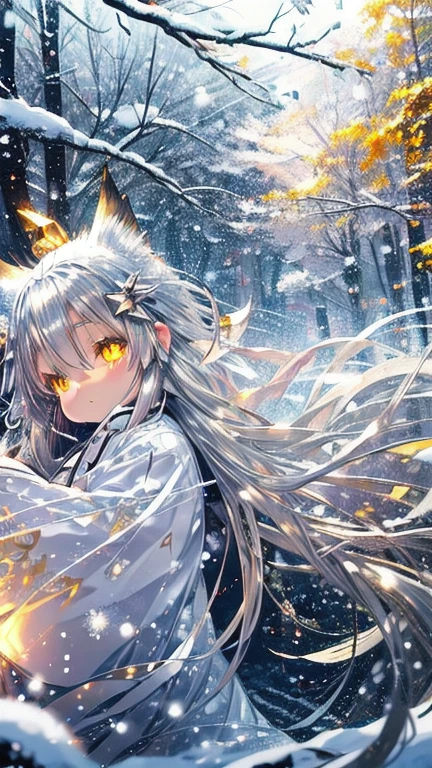 A dreamlike world、Pale Light、(Glowing golden eyes) 、、((((Silver Fox Girl))))、background、 Snow in Kamakura Nakano