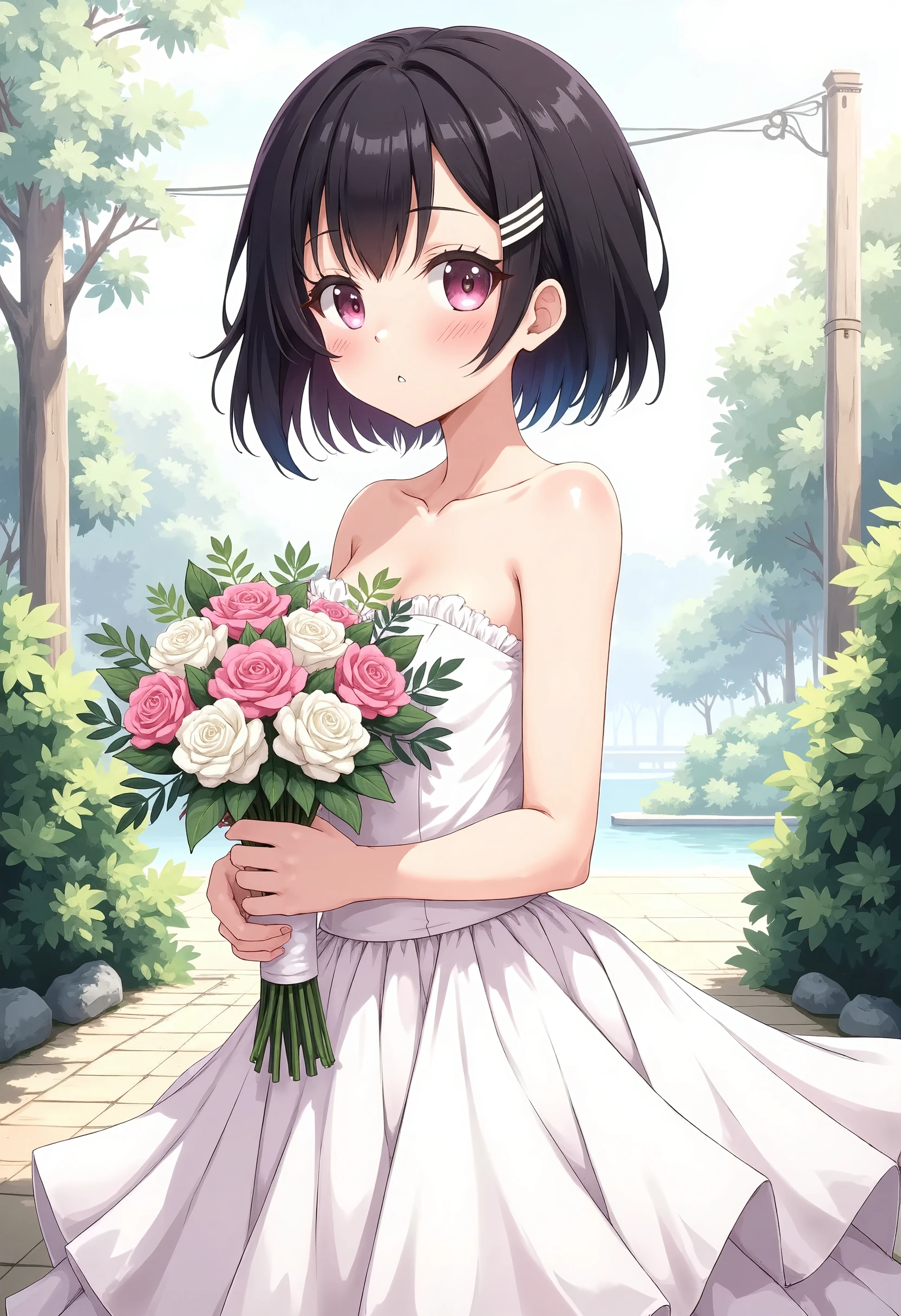 (((masterpiece))), 1girl, solo, looking at viewer, short hair, black hair, hair ornament, hairclip, pink eyes, marriage dress, holding, holding bouquet, flowers, garden background, anime coloring