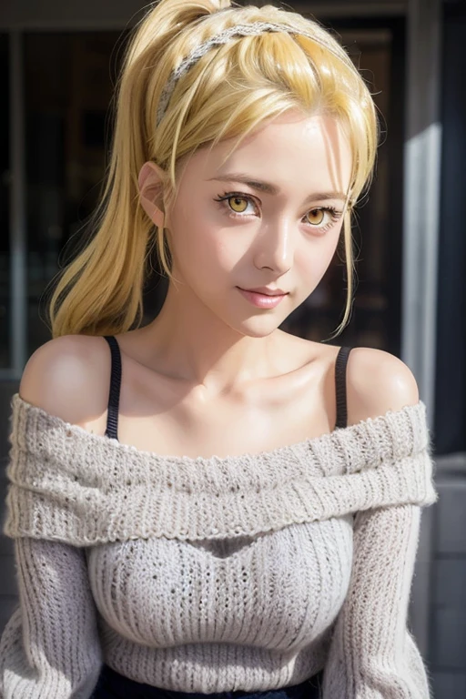 masterpiece, Best Quality, 8k, Ultra-high resolution, Best Quality,  anime style, Best writing, Beautiful Face,  beautiful illustrations, 1 girl, Alone、Long Hair, Yellow Eyes, ( side ponytail :1.3), blonde, Facial bruises, The best smile, , ( white off-shoulder knit:1.3), ( check skirt:1.3),  hair scrunchy, Best writing, city, In front of the station, city内, close, Free Pose , (extreme close up:1.1)， masterpiece, One Girl, Lemon Irvine , blonde, Headband, looking at viewer,