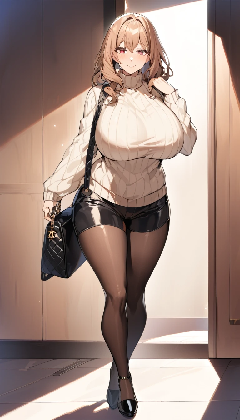 1 adult female、Woman of 35 years、Huge breasts:1.5、drooping sinus:1.5、brown hair、 light red eyes、wavy hair、Chanel cut、milf (mature mother)、 shoulder to shoulder sweater 、pot-bellied、Worried head、smile、Stunning mom 、 tight black shorts 、 Walk gracefully , black semi-transparent pantyhose