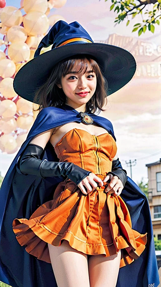 Best Quality、High image quality、masterpiece、8k、 Beautiful Japanese girl 、 junior high school student、 cute smile 、 1 girl,Alone, chest ,
, Alice,short hair , Red Hair ,Blue Cape, Brown gloves,Orange dress, Witch Hat, green eyes , Halloween Night , Night City、I'm lifting my skirt with both hands to reveal my pubic area