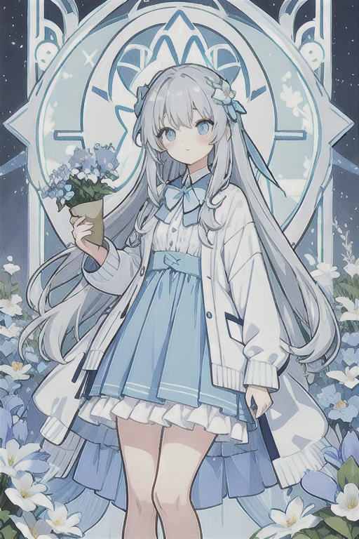 Gray hair、Very long hair, light blue left eye、The right eye has gray eyes, flower-shaped pupils, loose blouse, light blue cardigan, light blue skirt, gray ribbon on the collar, girl, cute, quiet, light blue flower field, holding light blue flowers, soft light light, top quality