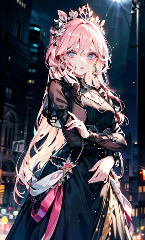 (Full Head:1.9),Careful facial depiction,One Lady,A natural woman , black dress long dress,pink and white long hair ,night,Prom Background, Perfect face, Perfect hands, Perfect Fingers, Perfect Lips, Perfect Eyes, The perfect background