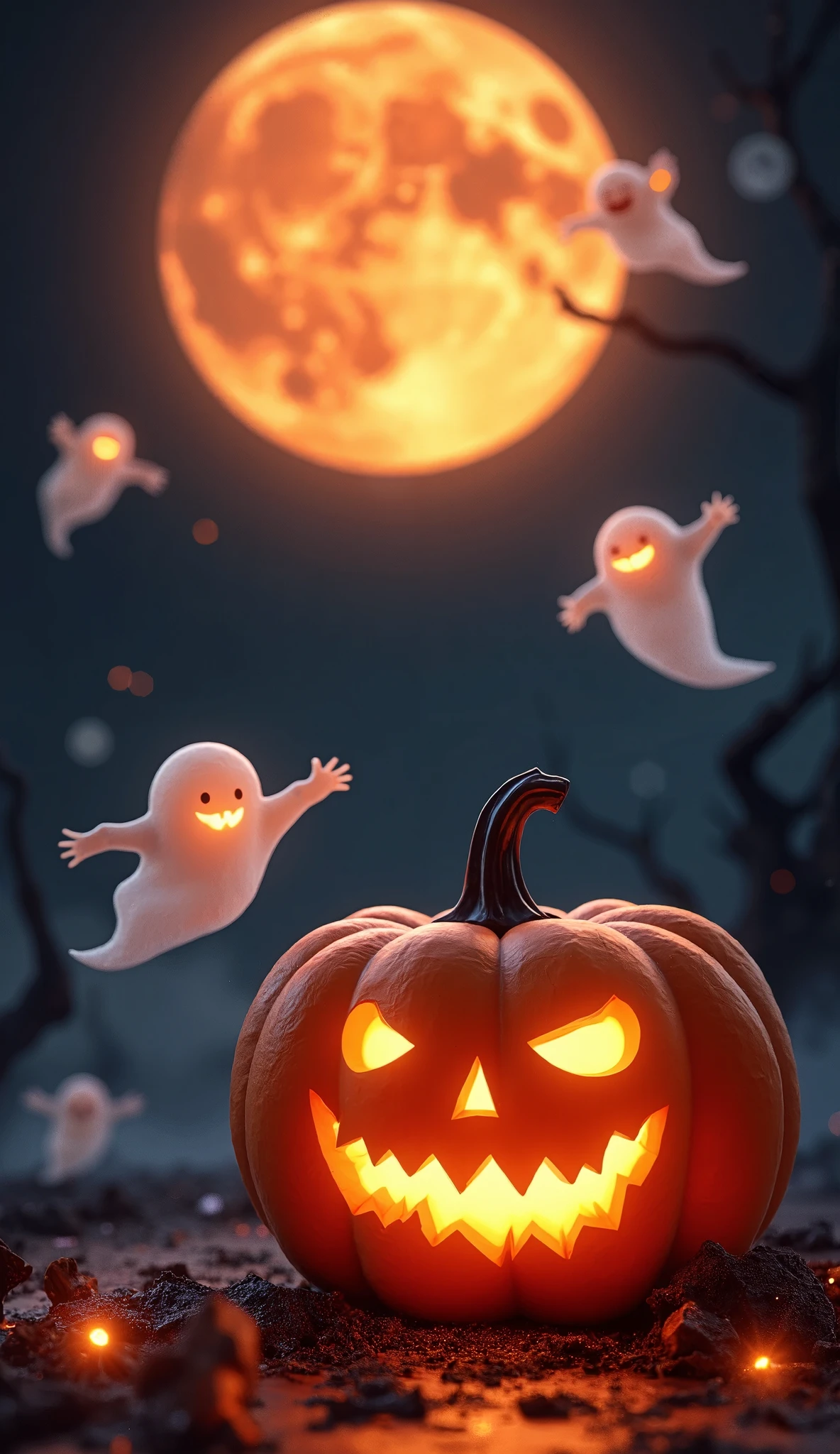C4D modeling,OC rendering,a halloween C4D poster, a magical scene, jack-o-lantern, cute ghosts, dark night, full moon, orange sky, black poster title "trick or treat!", (best quality,4k,8k,highres,masterpiece:1.15),ultra-detailed,realistic,photo-realistic:1.37,cinematic lighting,vivid colors,intricate details
