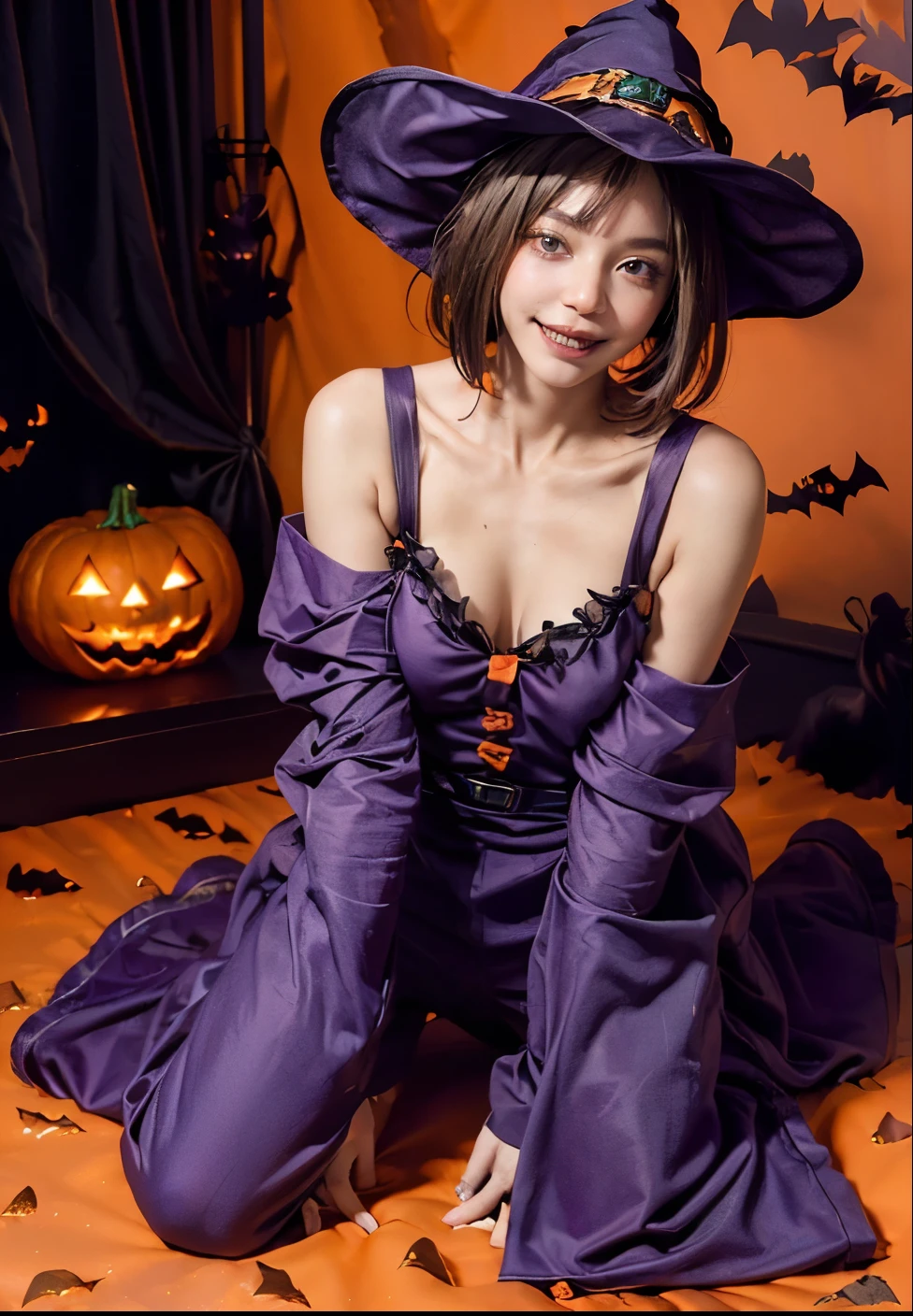araffe dressed in a purple dress and black boots sitting on a table, in a halloween style, ayaka cosplay, succubus in tight short dress, anime girl cosplay, halloween atmosphere, juri misaki, halloween, halloween night, dark purple, halloween celebration, she is a gourd, pretty sorceress, black and violet costume, trick or treat