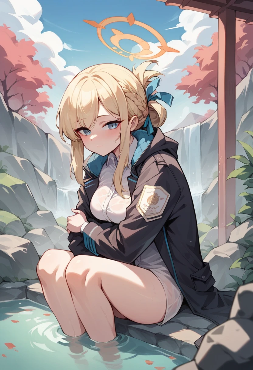 1 Girl, (Alone:1.3), ditch, hot spring, Outdoor, Suit jacket, I'm hugging my leg, of course( BLUE ARCHIVE ), medium breasts,  Blonde, Braids, Folded ponytail, hair ribbon, 