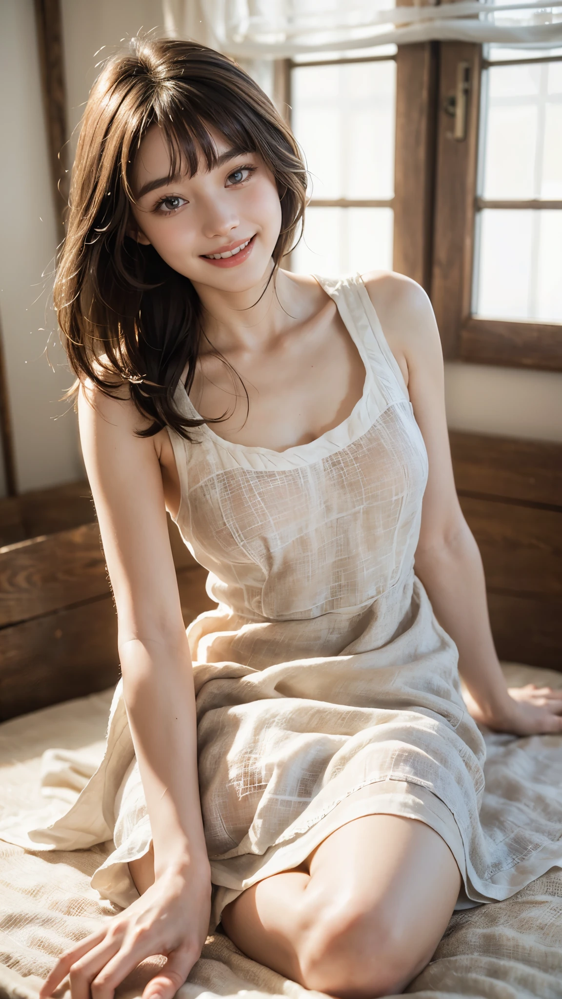 Top image quality、超A high resolution、masutepiece、Photoquality(photographrealistic:1.8)、pores、accuracy、Japan women、17 age、Girl Smile、A dark-haired、Cute dimples、Non-makeup、Medium Hair、Boyish girl、Slender girl、ample breasts、Emphasize the valleys、laugh face、Have a good laugh、Look straight at me、chemise、babydoll、Sheer、see -through、Lace knitting、Japan houses、Sitting on the porch、mosquito coil、Nipple erection、Ultra-thin、 Protruding、camel's toe、laugh face、Have a good laugh、Facing the front、Midsummer Sun、Hot summer days、Sweaty skin、reflective light、