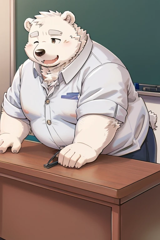 Gained weight、Being overweight、Gained weight顔、Bear Beast Man、 Brown Eyes 、Polar bear、fur、Fluffy、cute(student、Short、Black clothes、Wearing gakuran）(School classroom background、Desk and chair、Stand leaning forward、Lean forward on a desk、 while feeling sleepy、I'm going to doze off）（Take out your penis、）