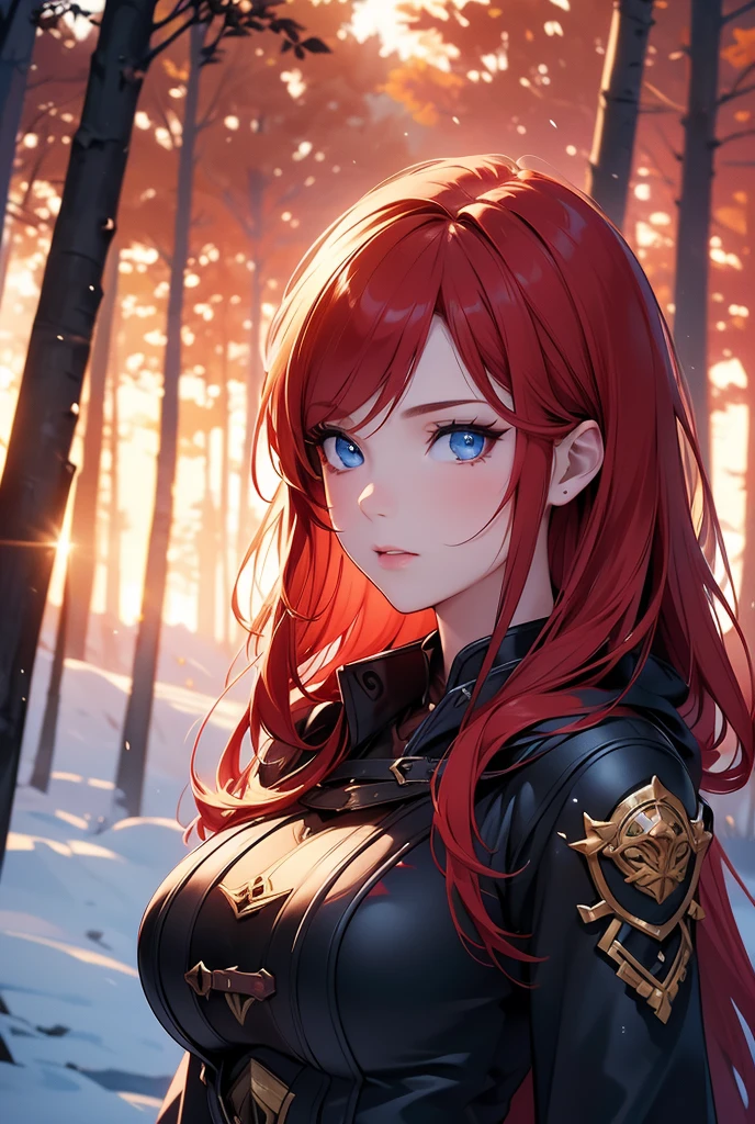 1girl, redhead, fair skin, blue eyes, black and red pirate outfit, large breasts, sunset, frozen lake, trees, wolves, northern lights, (best quality,4k,8k,highres,masterpiece:1.2),ultra-detailed,(realistic,photorealistic,photo-realistic:1.37),extremely detailed eyes and face,longeyelashes,intricate details,vibrant colors,dramatic lighting,fantasy,cinematic composition