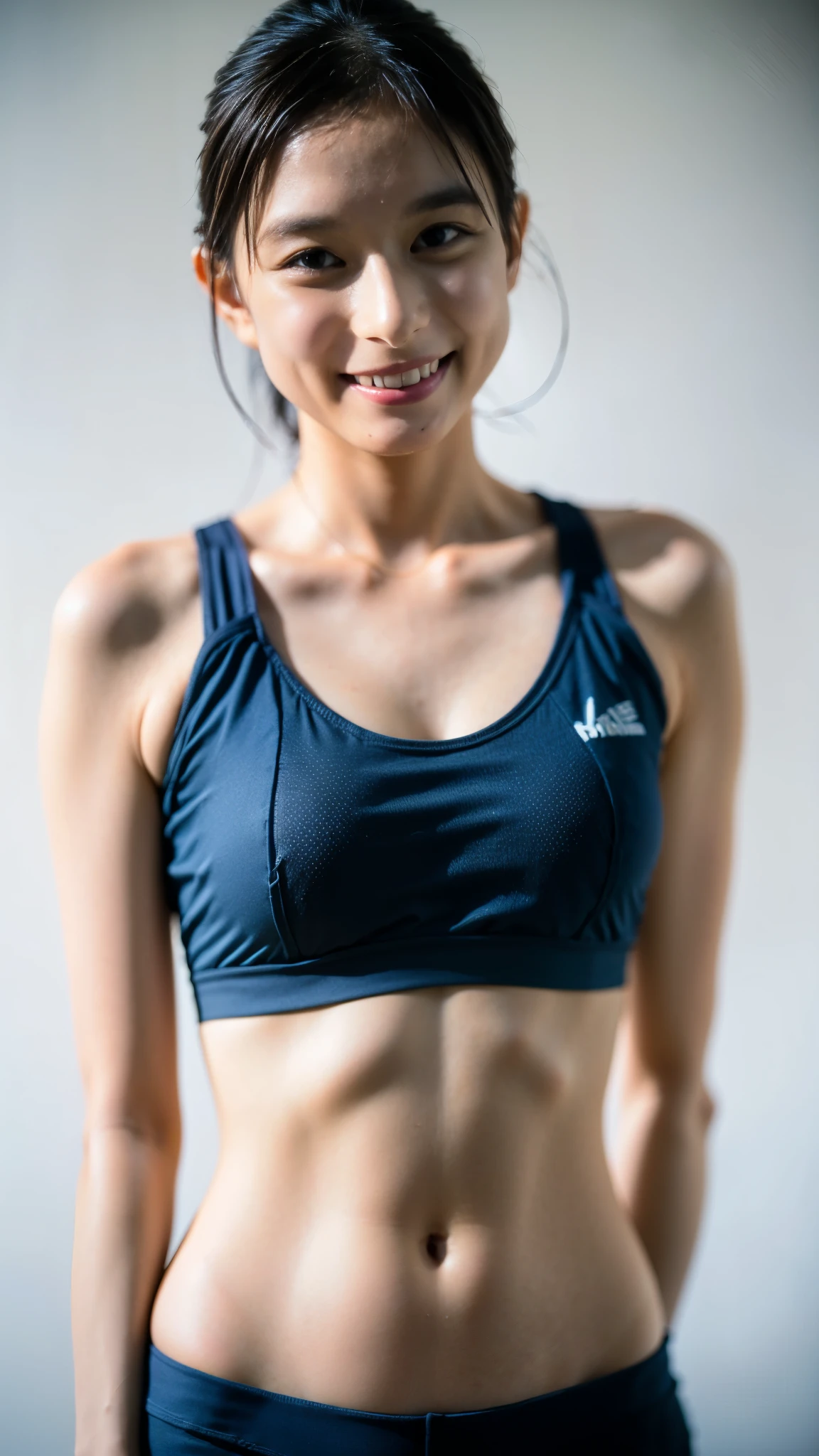 Best Quality,masterpiece,Ultra-high resolution,High-definition RAW color photos,Professional photos,Natural skin texture,Fine skin, hyperrealism, Japanese Woman ,Short black hair,(arms behind back,smile,Navy sports bra,face focus,Close-up of face)