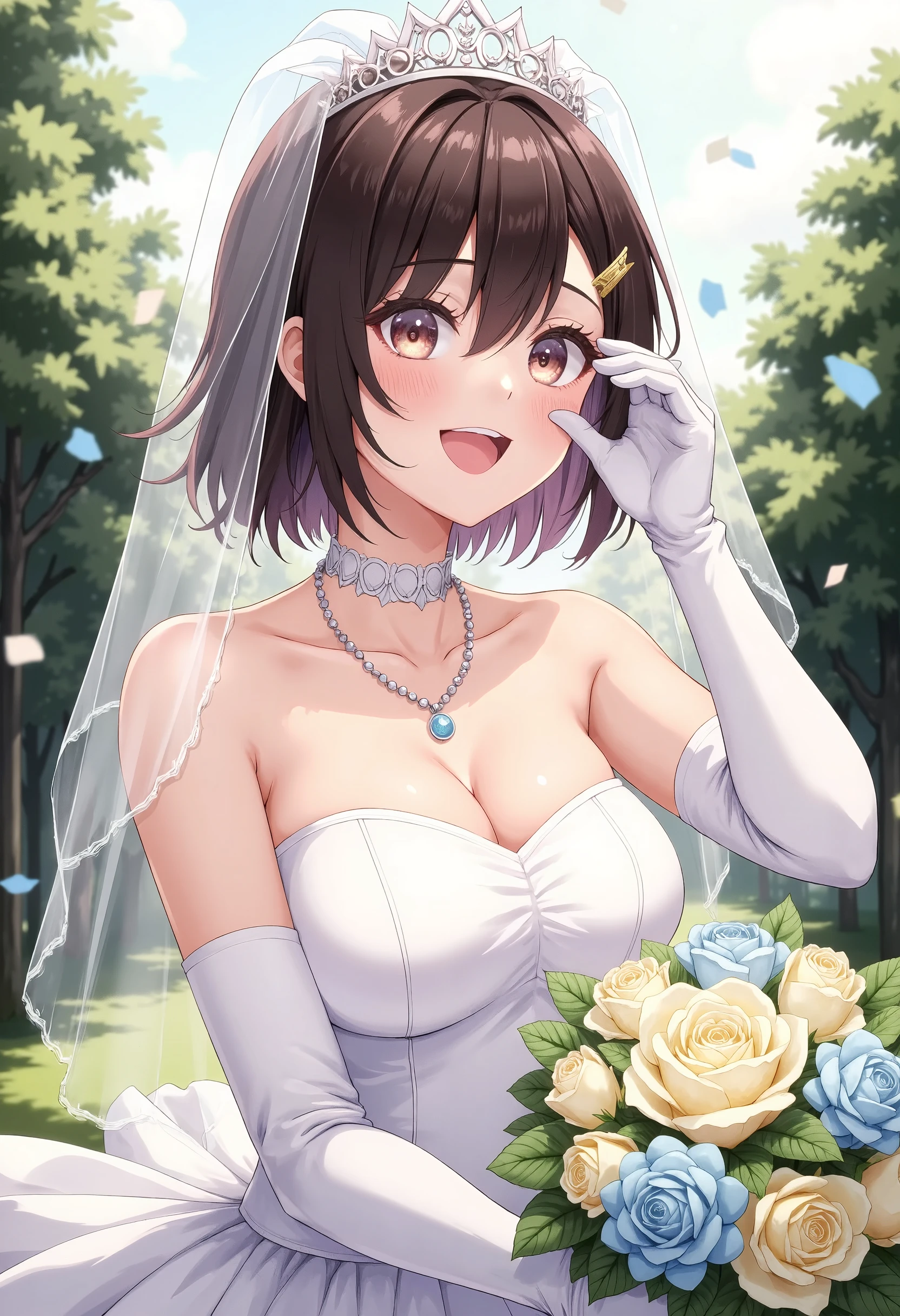 masterpiece, best quality, highres, aaichika,  tiara, bridal veil, necklace, cleavage, wedding dress, strapless dress, white dress, white gloves, elbow gloves, garden on background, smile, open mouth, tears, upper body, confetti, holding bouquet, bouquet, short hair, brown hair, hair ornament, brown eyes, hairclip