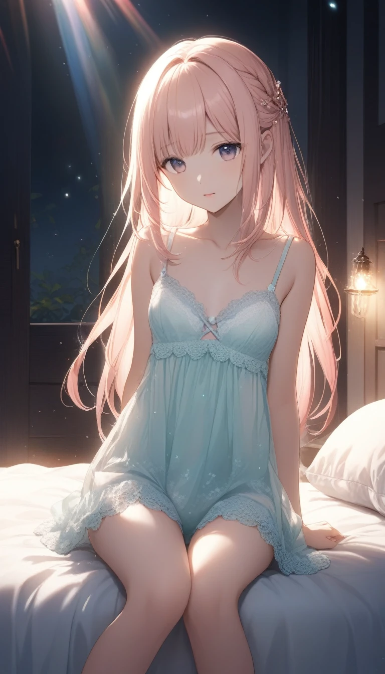 ((masterpiece))、((best qualtiy)、(Super Detail)、8K、Delicate depictions are filmed in anime style。(natta:1.4)、(A smile)、 (Very long hair、Pink hair and bright blue eyes、)(Twin-tailed)Her blue eyes are highlighted。She's lying。(See-through nightdress),Moon,window,Bedroom,(Lying in bed with a pillow)